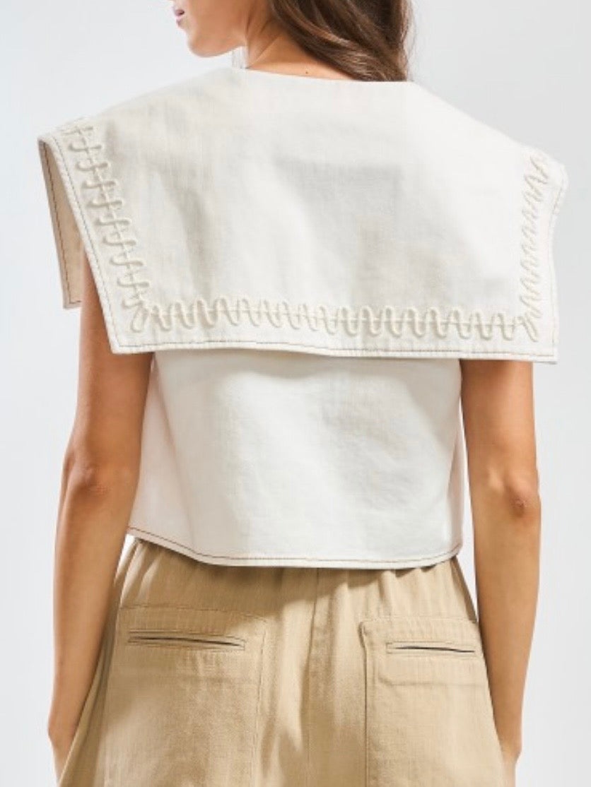 Beige sleeveless big neck crop shirt top