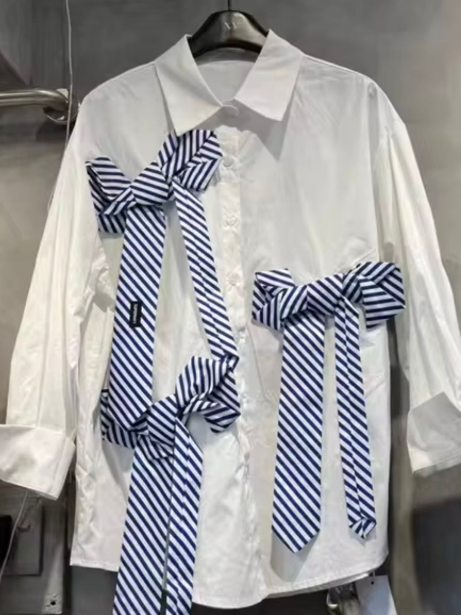 White and blue striped bows shirt