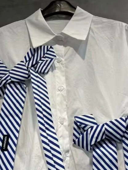 White and blue striped bows shirt