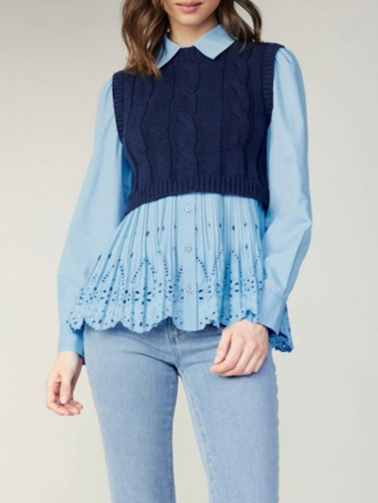 Sweater combo light blue shirt and navy blue pullover two layers embroidered texture top