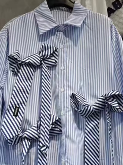 White and blue striped bows shirt