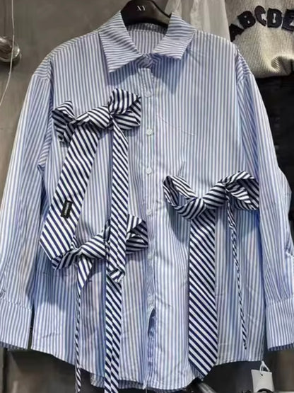 White and blue striped bows shirt