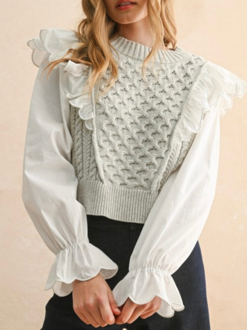 Sweater combo white shirt and light gray pullover two layers embroidered texture top