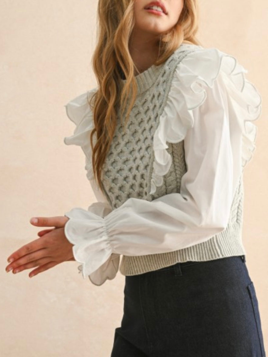 Sweater combo white shirt and light gray pullover two layers embroidered texture top