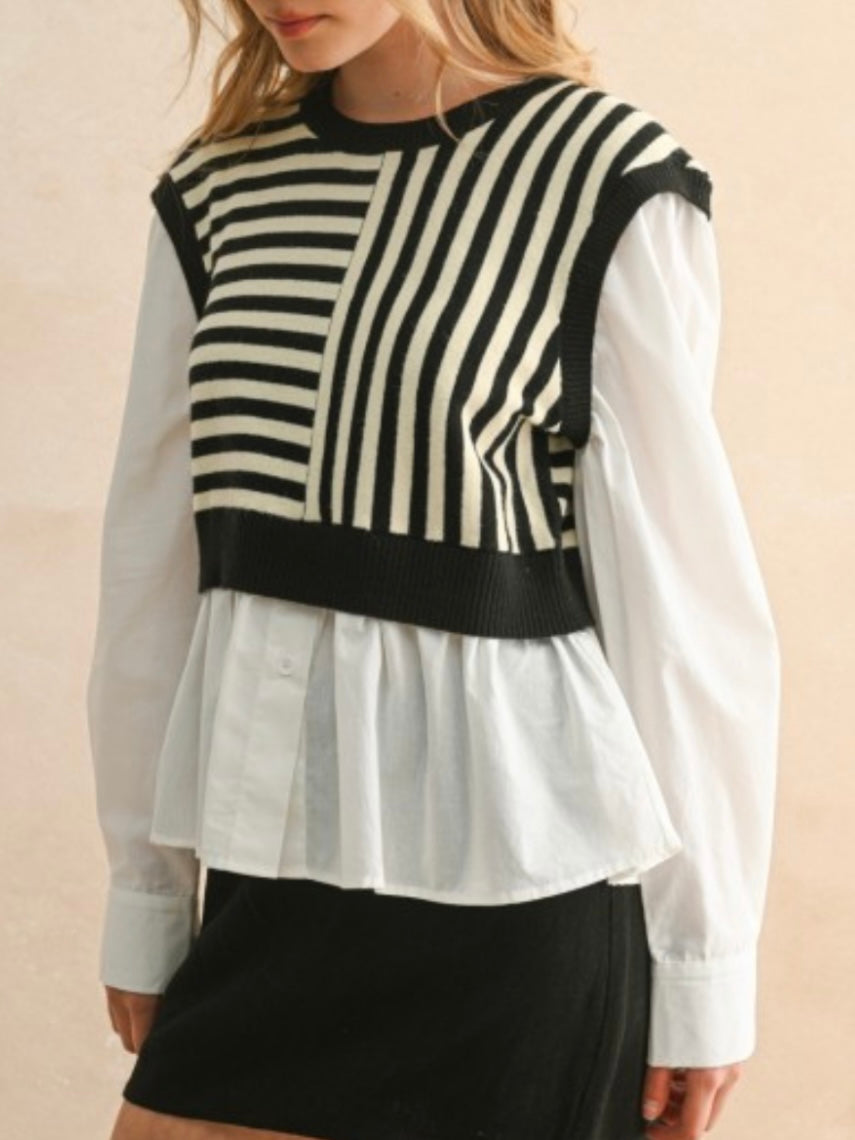 Sweater combo white shirt and black and white pattern pullover two layers embroidered texture top