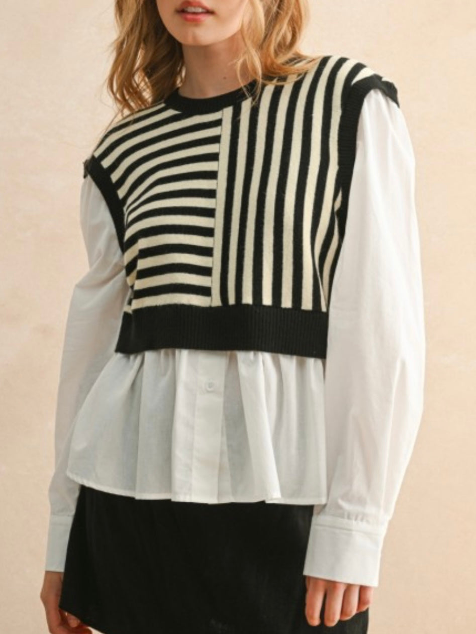 Sweater combo white shirt and black and white pattern pullover two layers embroidered texture top
