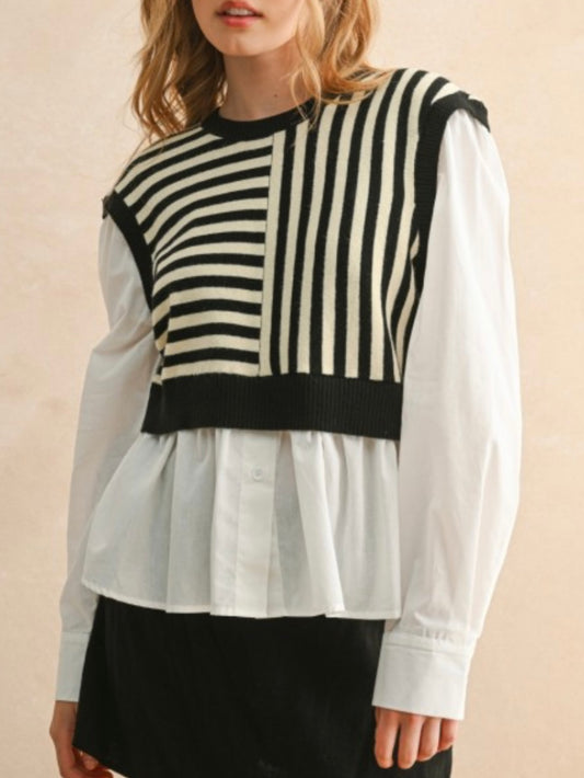 Sweater combo white shirt and black and white pattern pullover two layers embroidered texture top