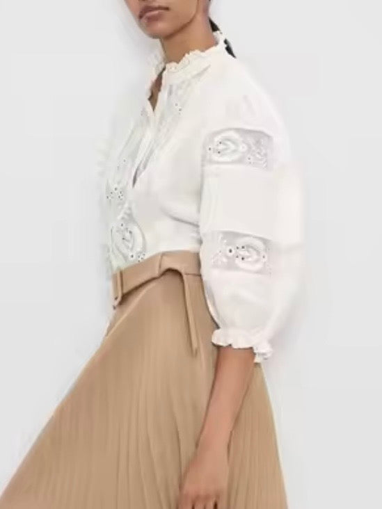 White embroidered floral bomber long sleeves shirt