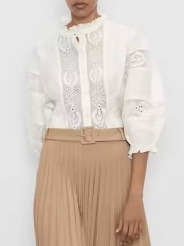 White embroidered floral bomber long sleeves shirt