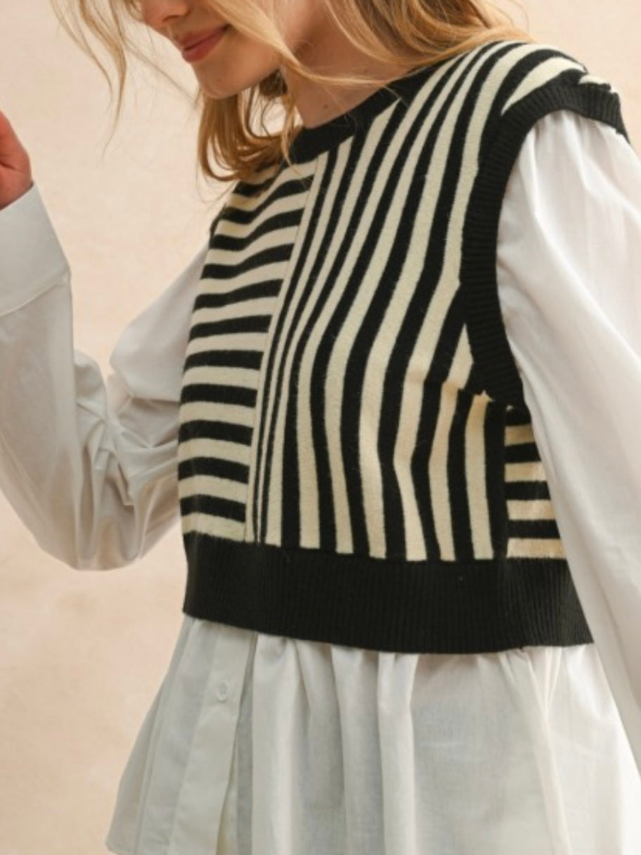 Sweater combo white shirt and black and white pattern pullover two layers embroidered texture top