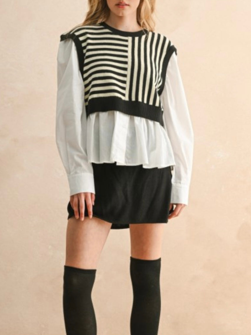 Sweater combo white shirt and black and white pattern pullover two layers embroidered texture top