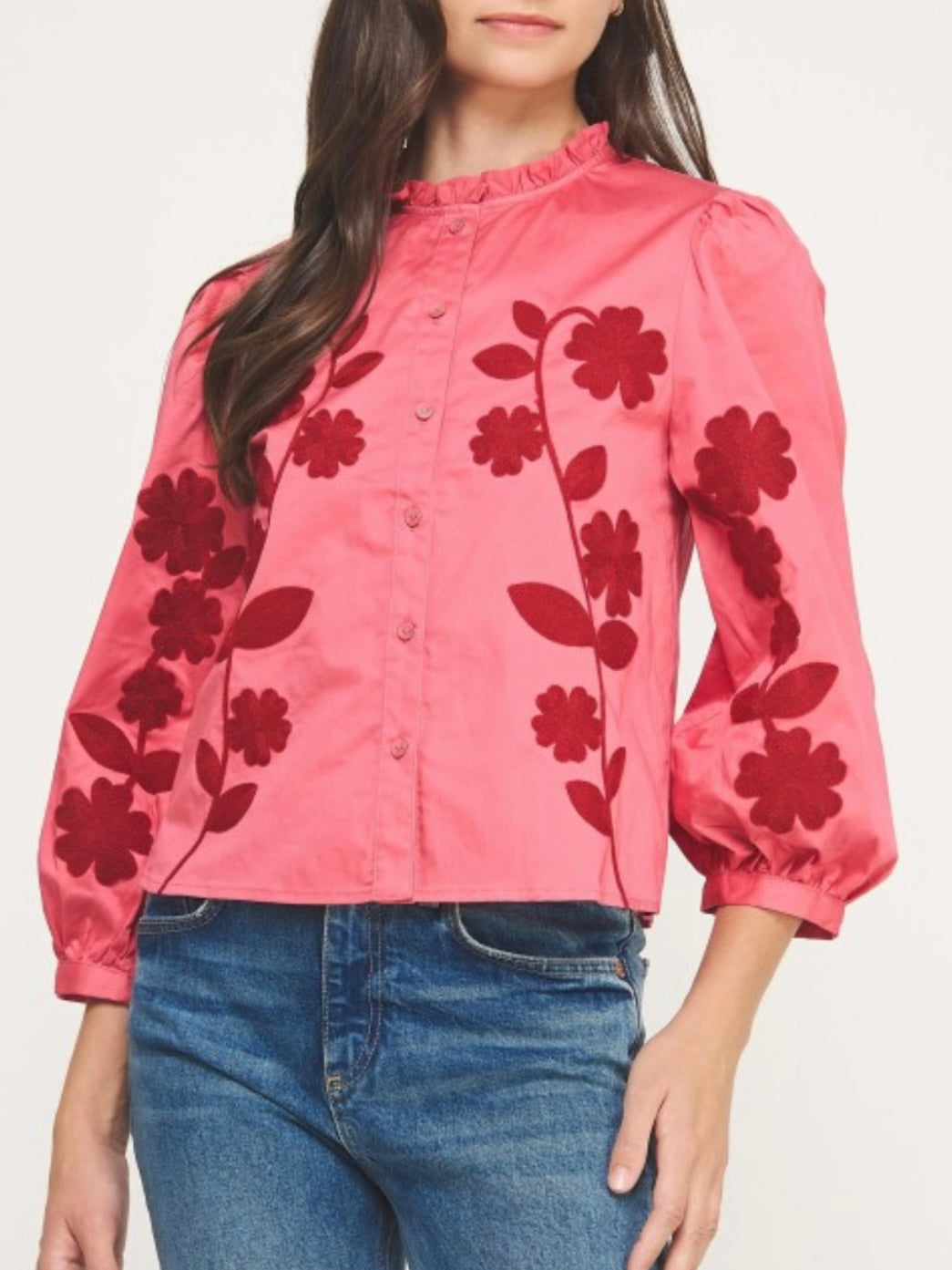 Pink ruffled floral embroidered shirt