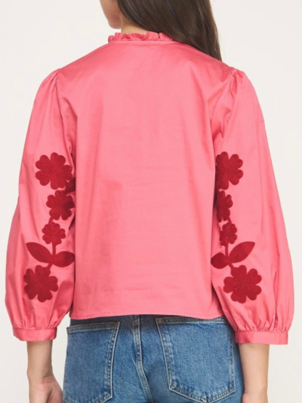 Pink ruffled floral embroidered shirt