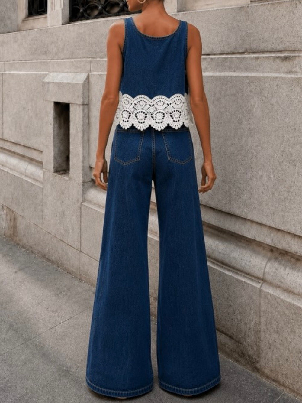 Dark Blue jeans with lace edge detailing sleeveless top and pants set