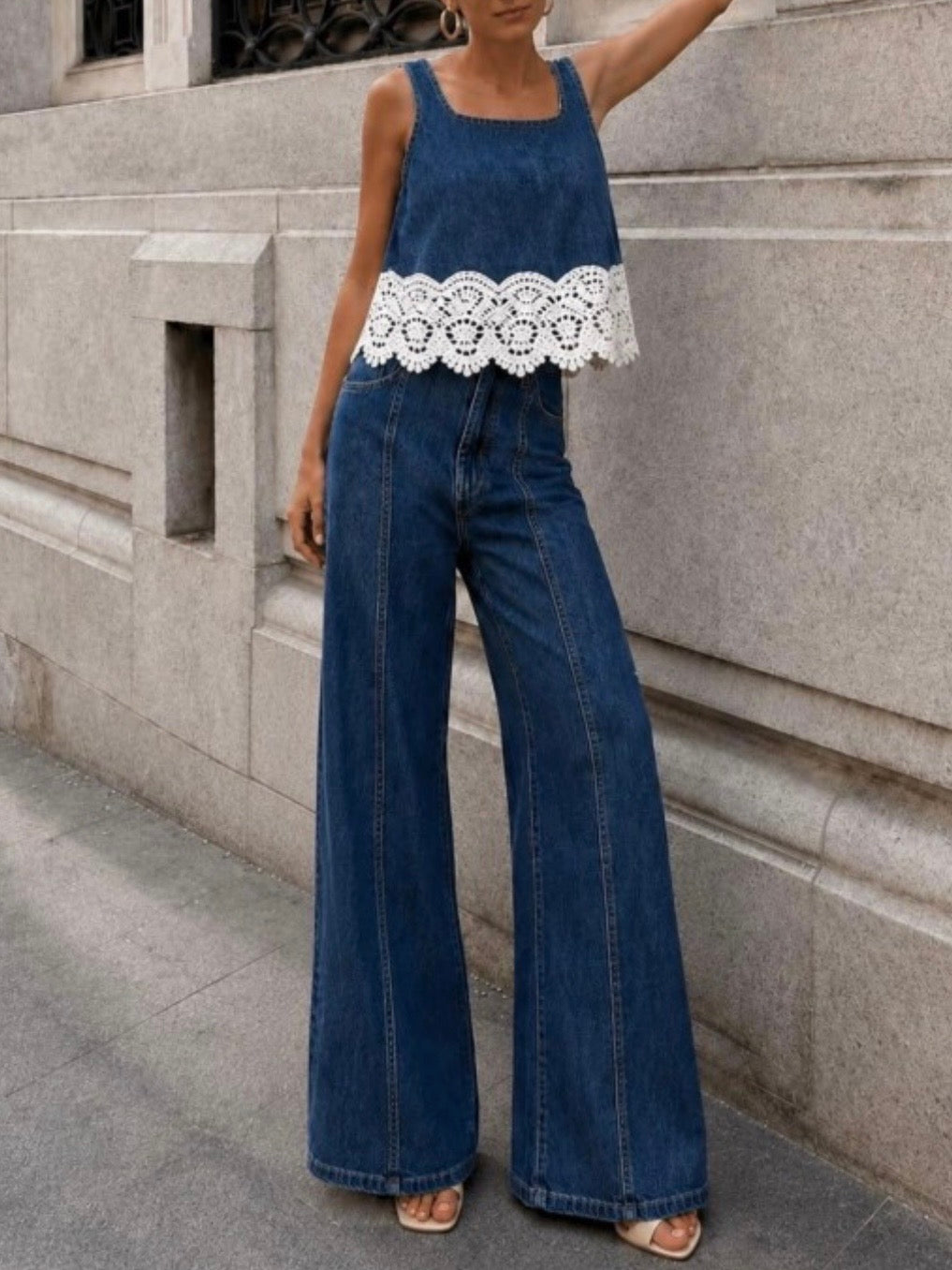 Dark Blue jeans with lace edge detailing sleeveless top and pants set