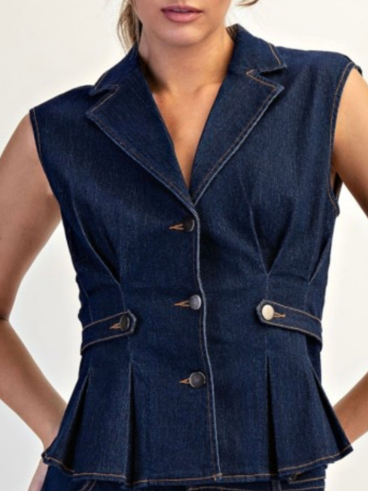 Dark blue Pleats Detail Tailored Denim Vest Top