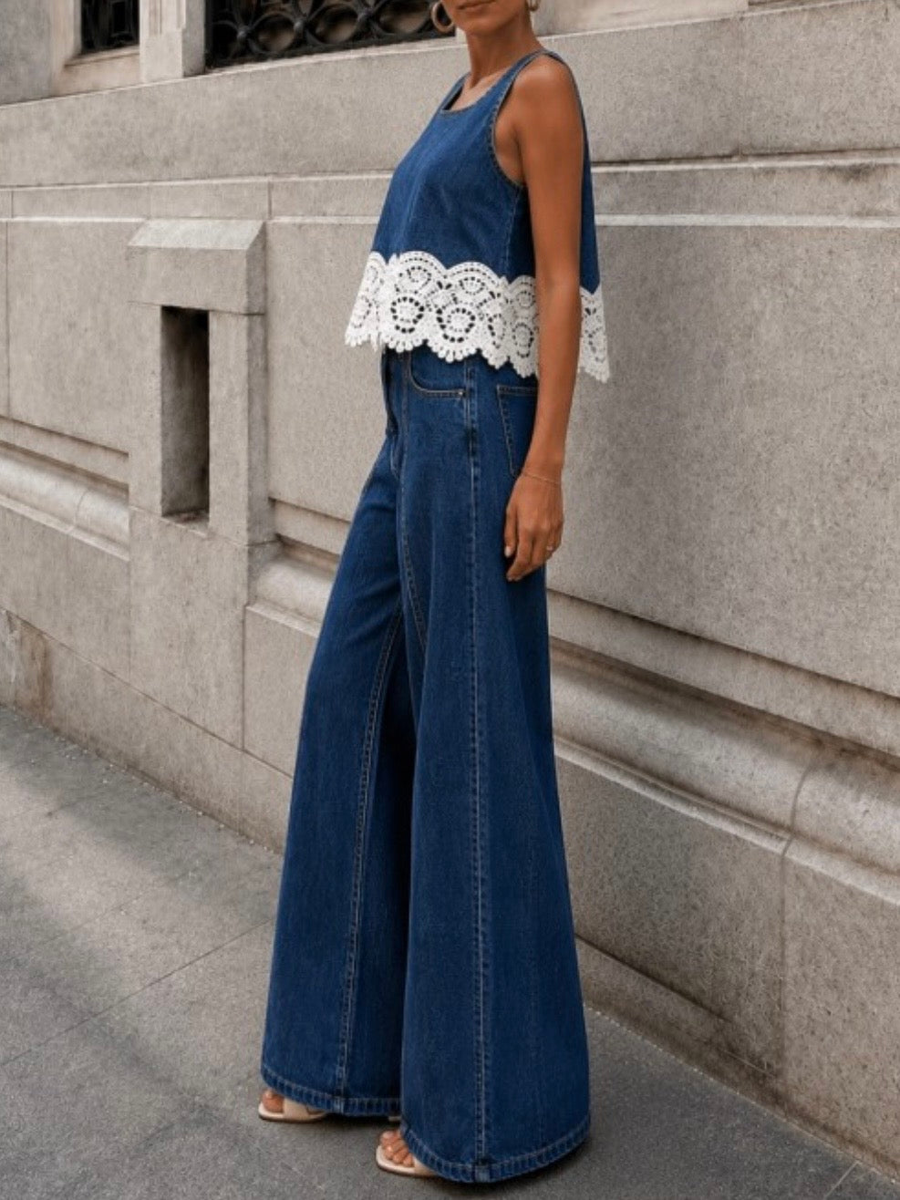 Dark Blue jeans with lace edge detailing sleeveless top and pants set