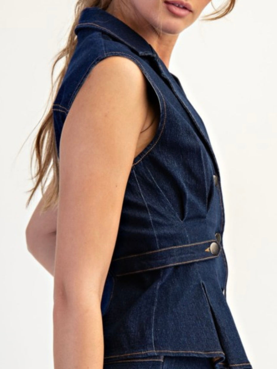 Dark blue Pleats Detail Tailored Denim Vest Top