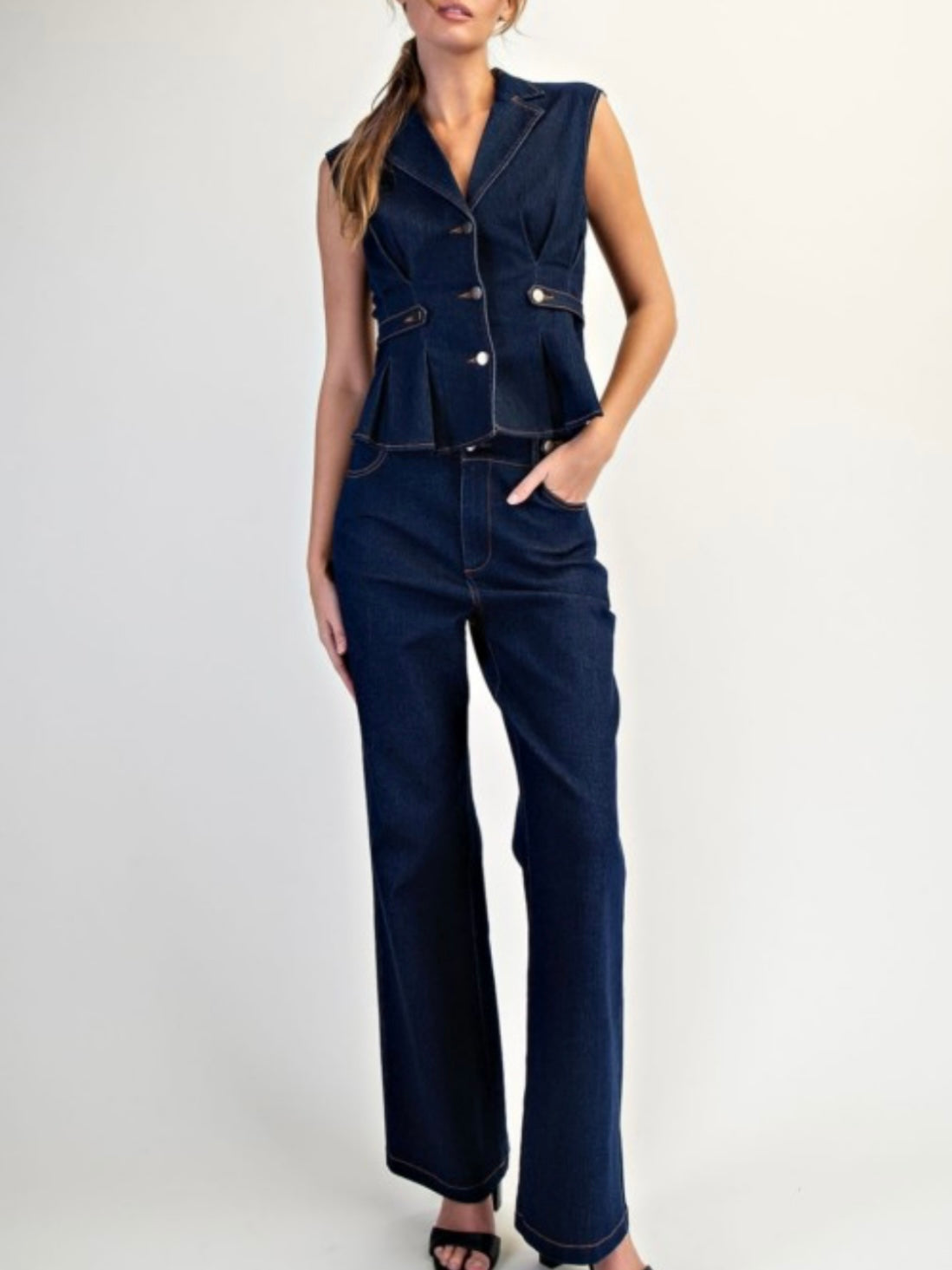 Dark blue Pleats Detail Tailored Denim Vest Top