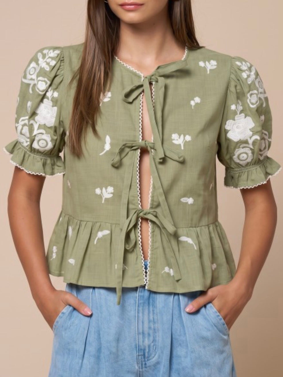 Green olive white floral embroidered short sleeves tied top