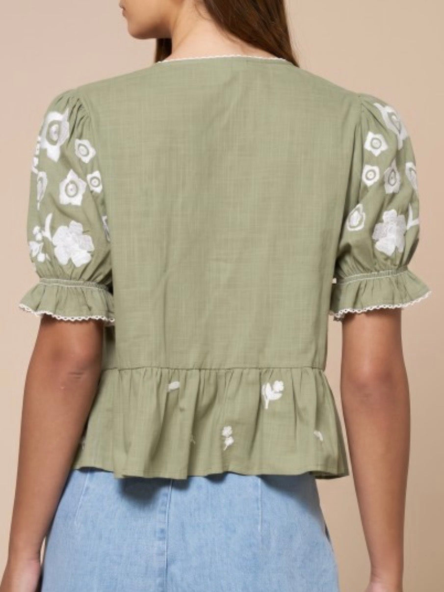 Green olive white floral embroidered short sleeves tied top