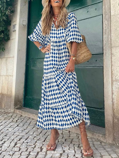 Off white and Royal blue diamonds printed maxi dress
