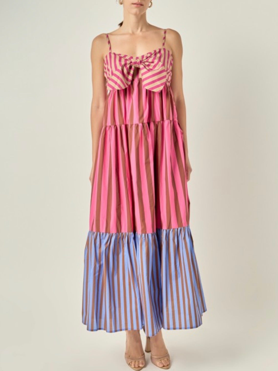 Fuchsia and light blue striped side pockets maxi dress