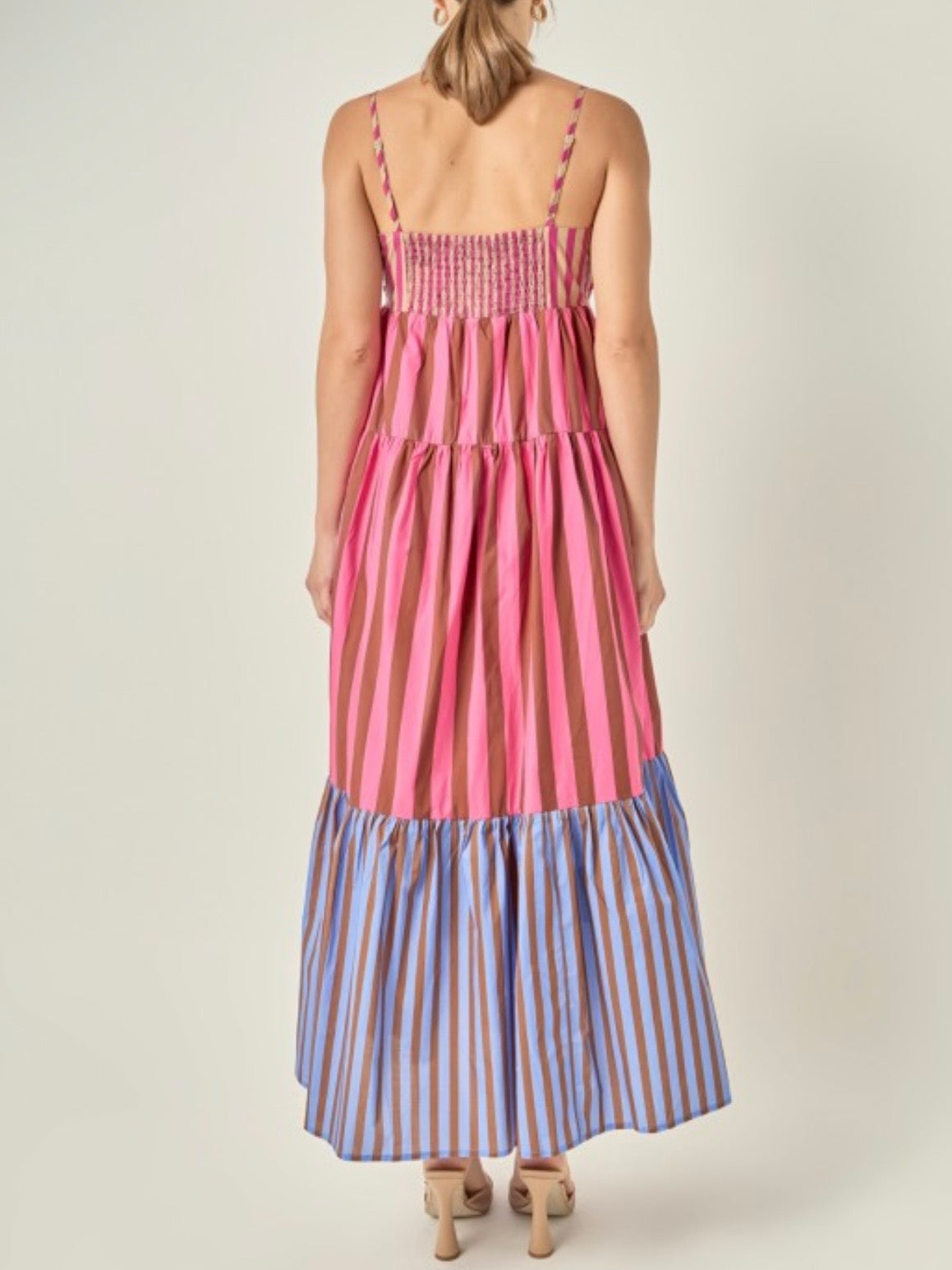 Fuchsia and light blue striped side pockets maxi dress
