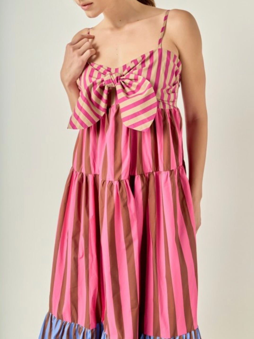 Fuchsia and light blue striped side pockets maxi dress