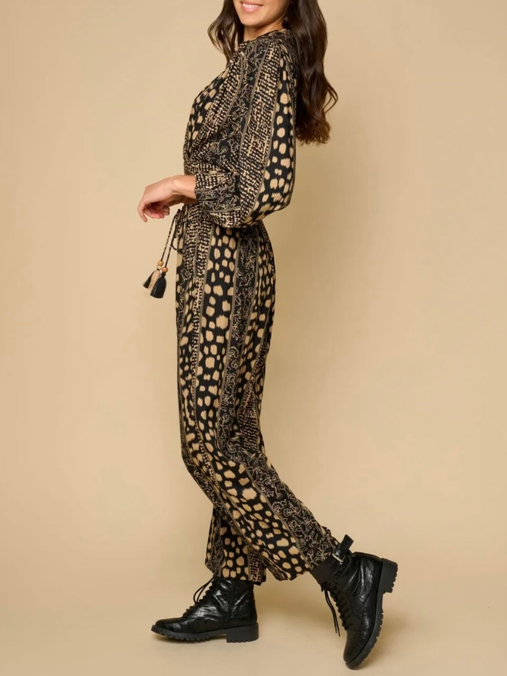 Leopard mix fabrics boho tied wide pants