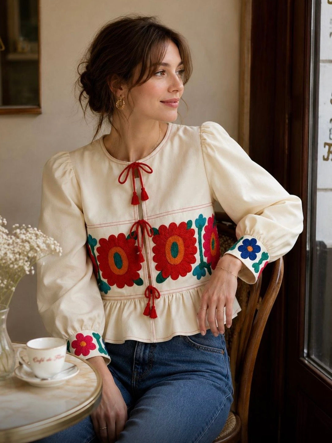 Beige floral long sleeves blouse top