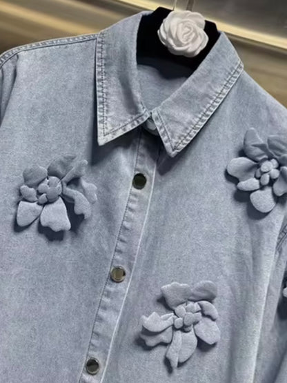 Mid blue floral jeans shirt