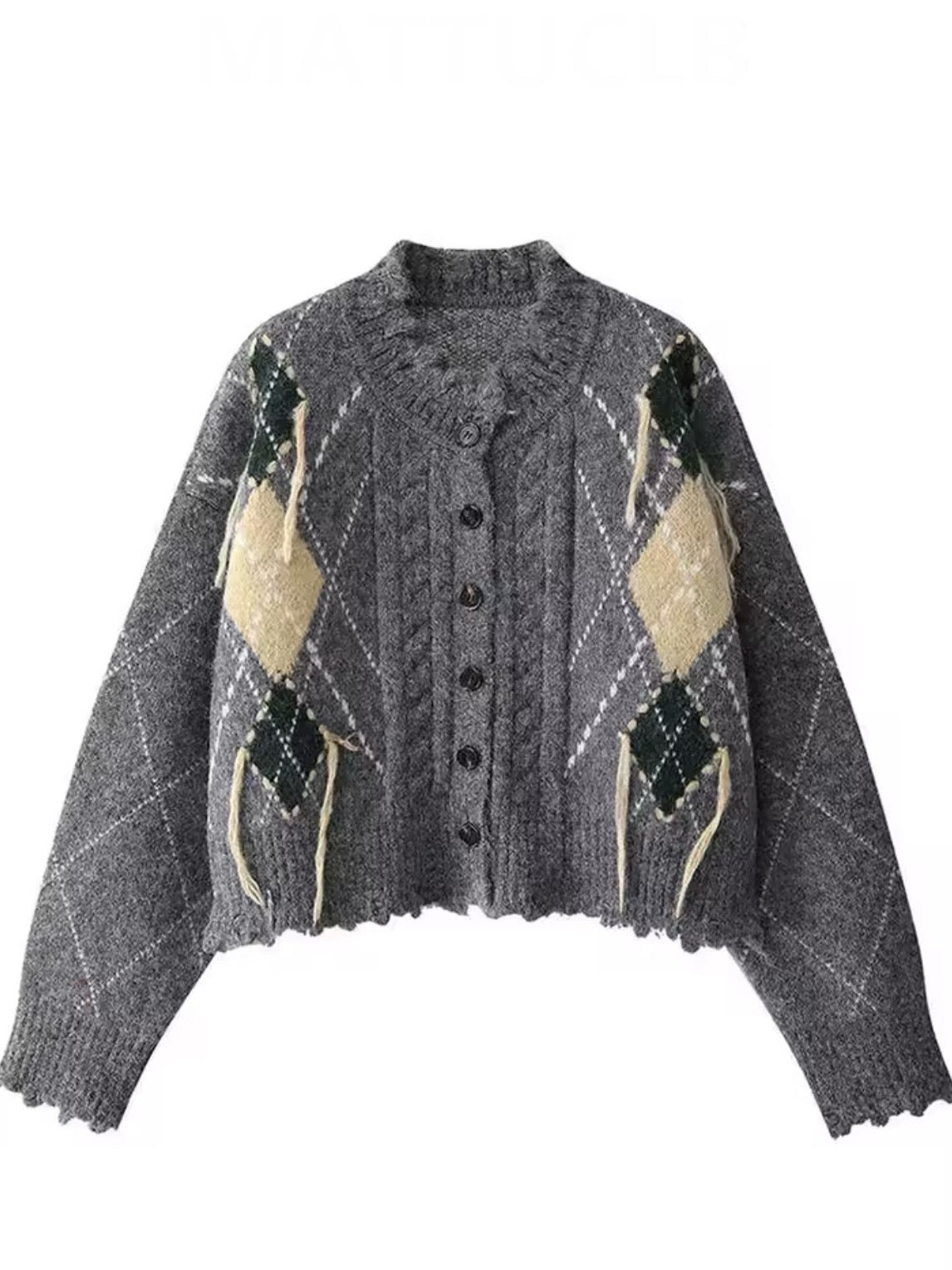 Dark Gray cardigan diamond knitted sweater