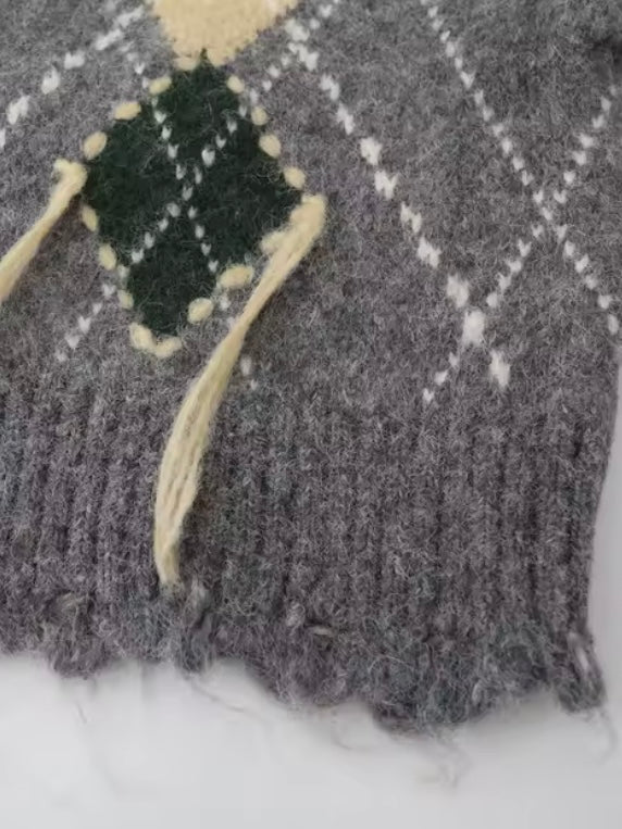 Dark Gray cardigan diamond knitted sweater