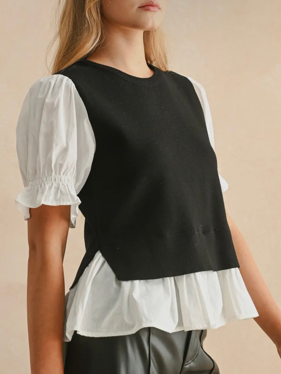 Black sweater combo white shirt and navy blue pullover two layers embroidered texture top (Copy)