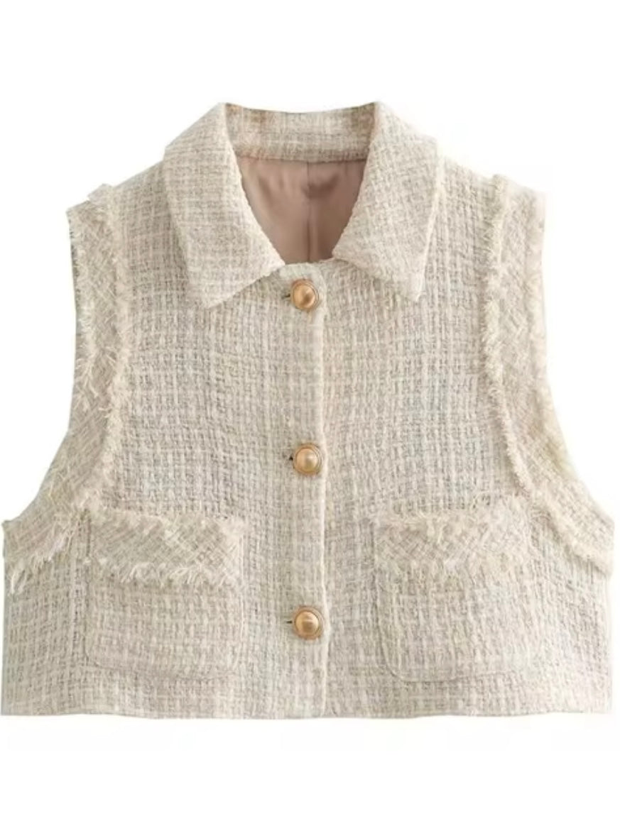 Beige frayed edge details vest