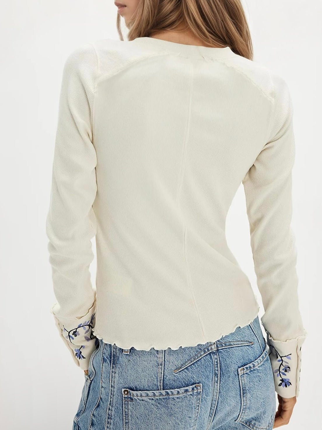 Off white and navy blue floral embroidered long sleeves t-shirt