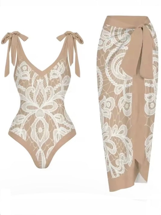 Beige and white printed set of 2 swimsuit and maxi skirt