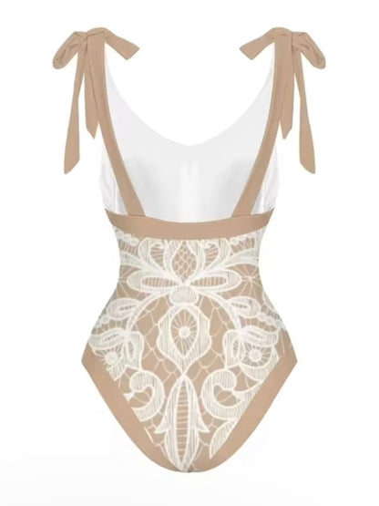 Beige and white printed set of 2 swimsuit and maxi skirt