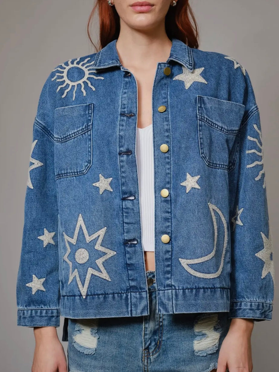 Blue jeans jacket stars moon and sun print