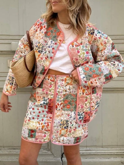 Pink floral patches pattern padded set of jacket and mini skirt