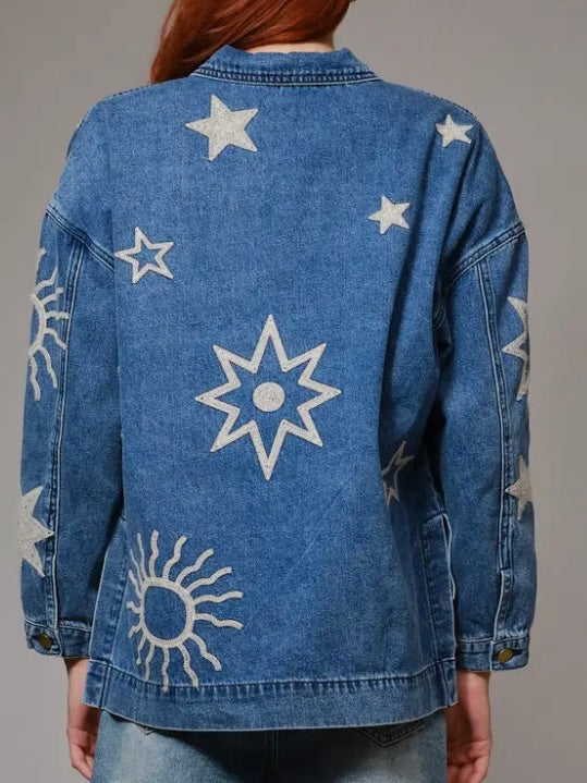 Blue jeans jacket stars moon and sun print