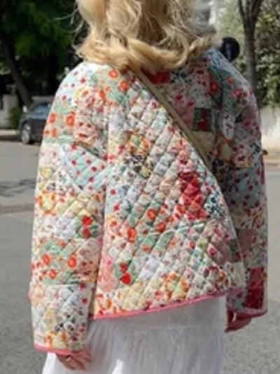 Pink floral patches pattern padded set of jacket and mini skirt