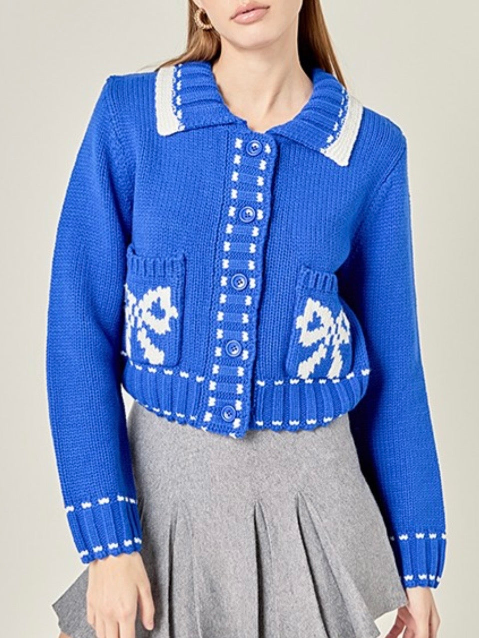 Blue and white crop length Cardigan knitted sweater