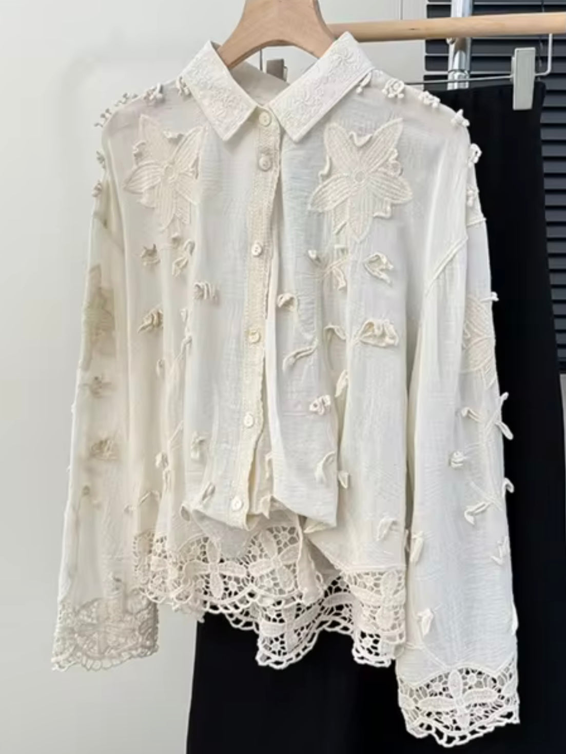 Beige and white floral patched shirt