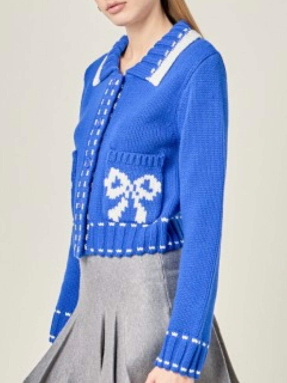 Blue and white crop length Cardigan knitted sweater