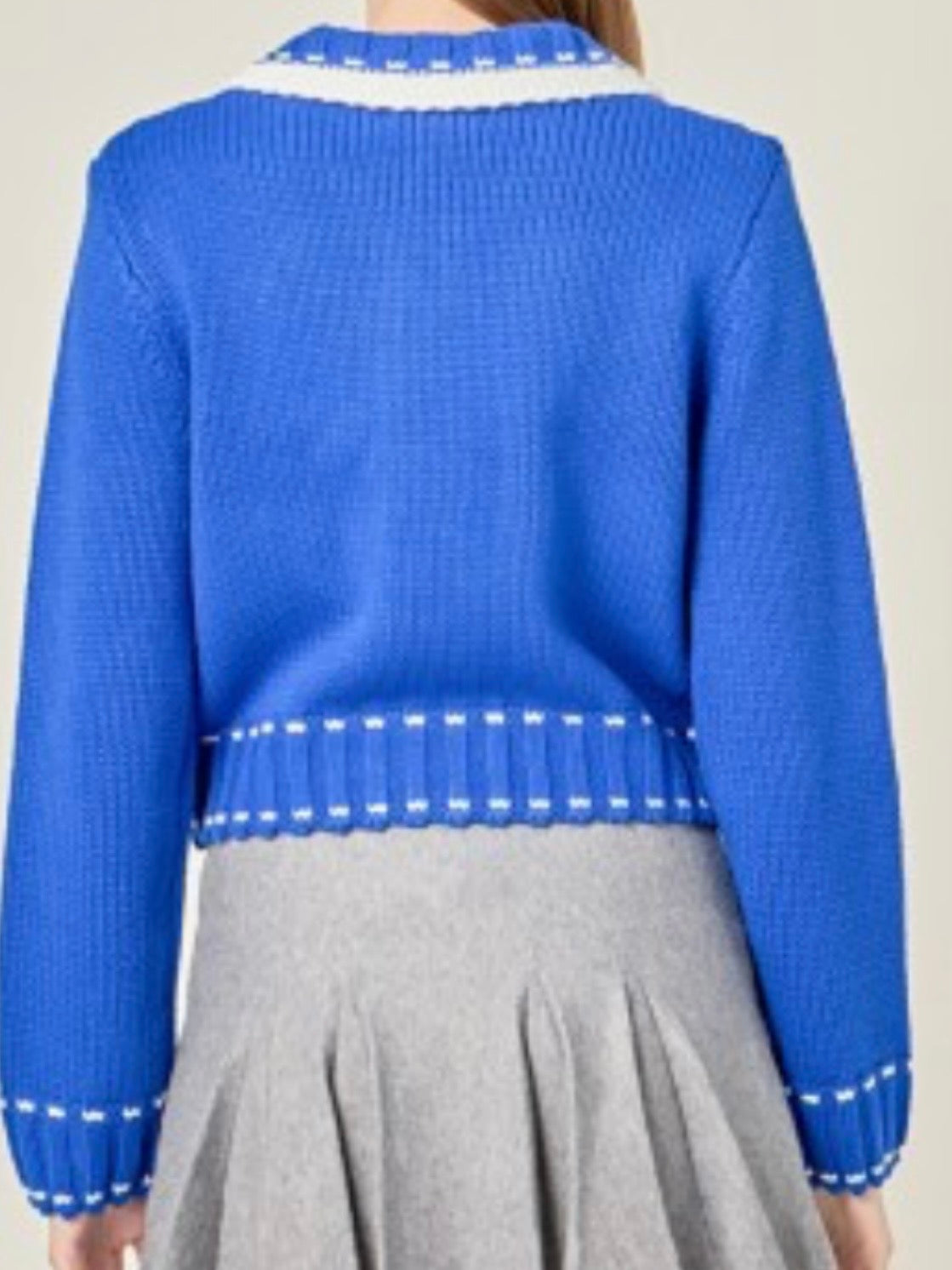 Blue and white crop length Cardigan knitted sweater