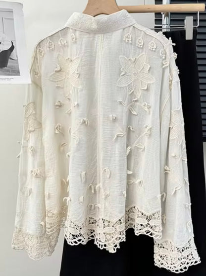 Beige and white floral patched shirt