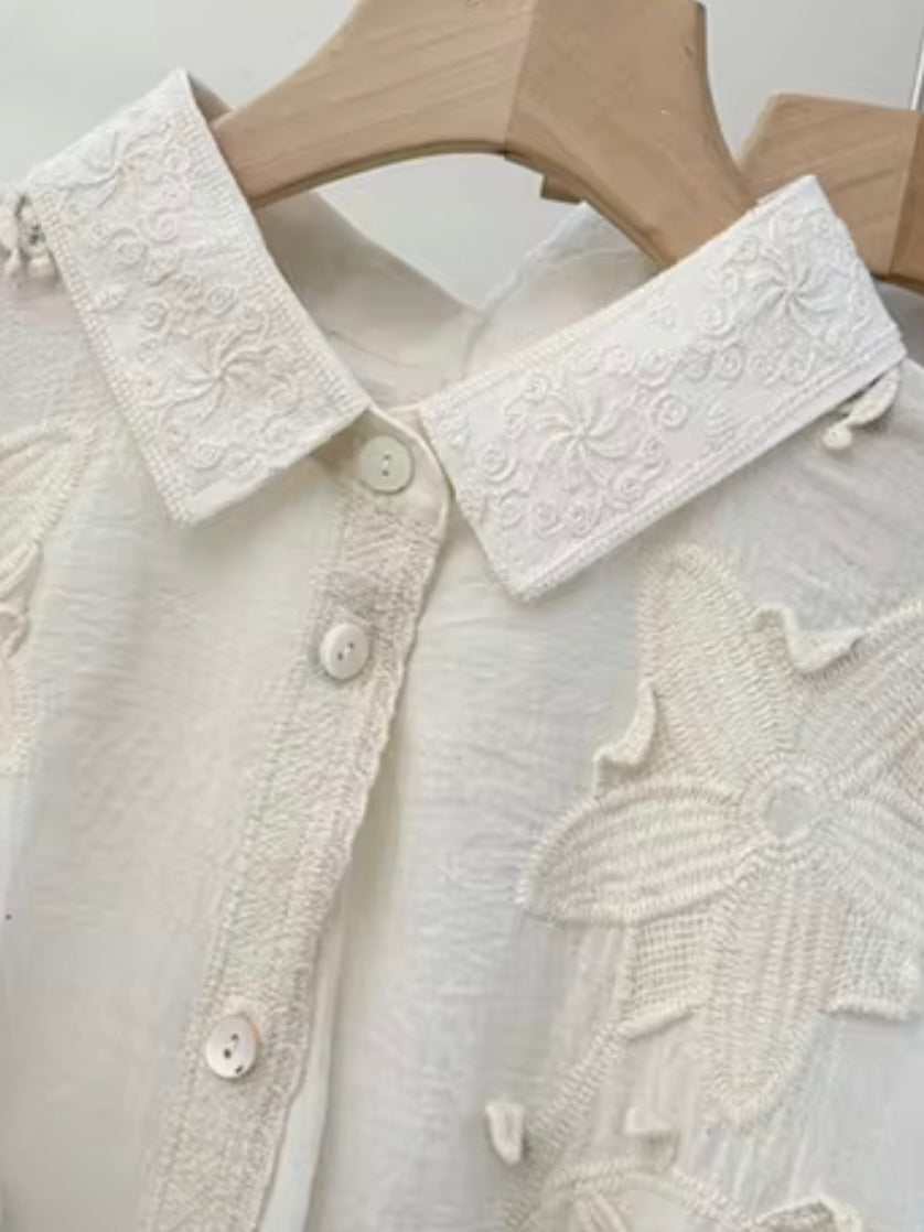 Beige and white floral patched shirt