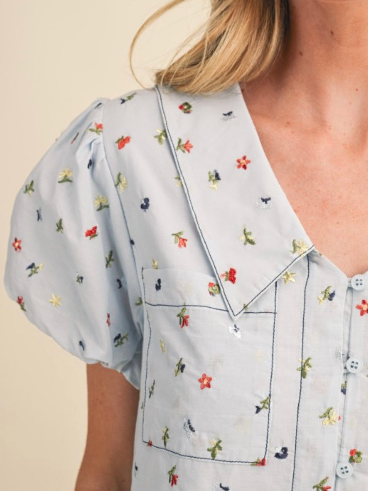 Baby blue floral embroidered short sleeves tied top